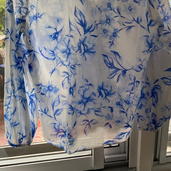 Zara White Cotton Blouse with Blue Floral - Size L - Picture 6 of 7